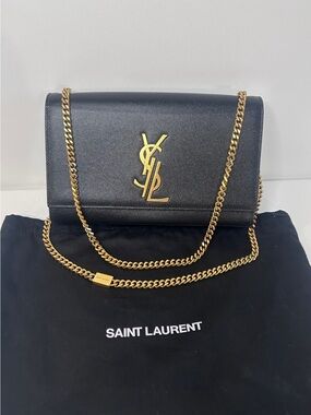 Like New Saint Laurent YSL Kate Medium Black Grain de Poudre Leather Gold Chain